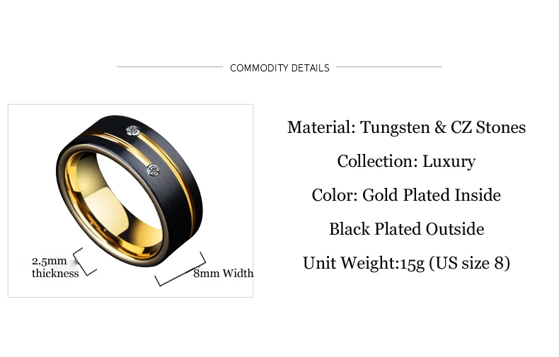Новые полированные 8 мм ширина мужские обручальные кольца золото/черный два тона вольфрамовые кольца с золотым желобком CZ камень размер 6-13