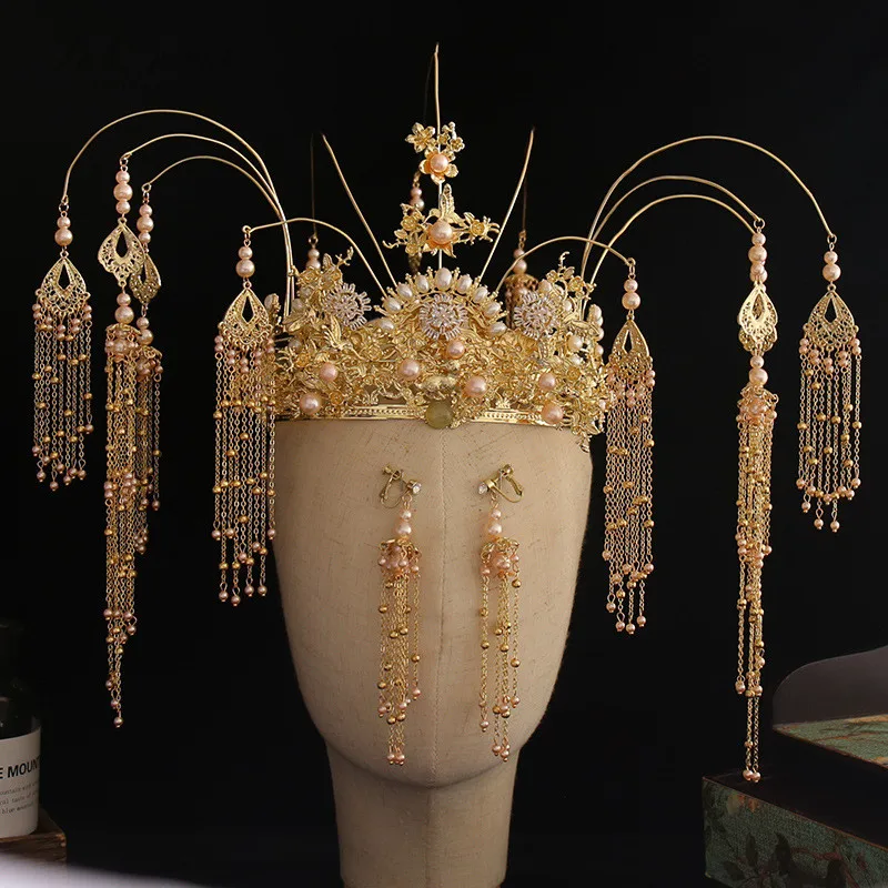 PEORCHID Gold Chinese Hair Jewellery Vintage Tassels Beaded Pearl Crown Headband Bridal Tiara Luxury Wedding Headpieces