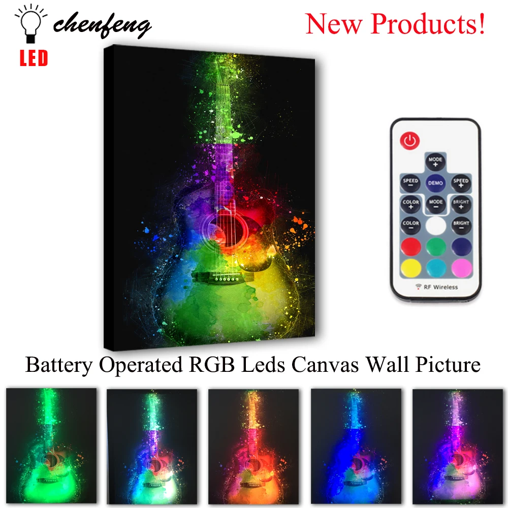 

RGB Led Canvas Wall Decorative Royalty colorful guitar music still life Picture Canvas Print Illuminated painting light up gift