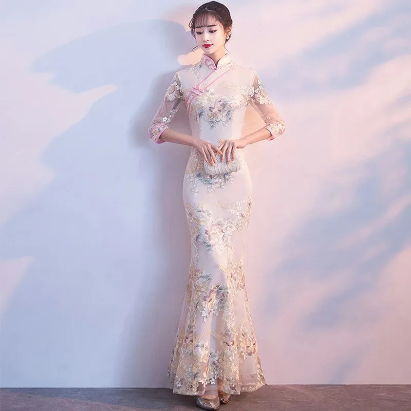 Традиционное вечернее платье современные китайское платье Qipao пикантные Cheongsam Бежевый шелк платья для женщин для кружево Vestido Oriental