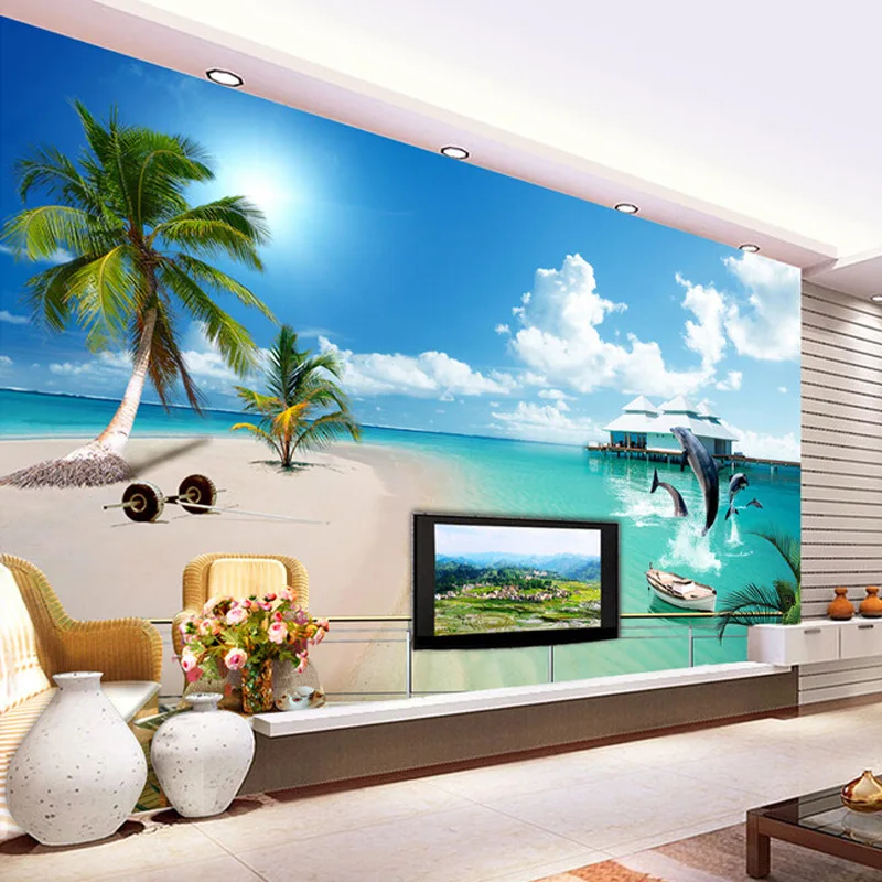 

Custom Mediterranean Blue Sky And White Clouds Beach Aegean Large Mural 3D Living Room Sofa TV Background Wall Mural Wallpaper
