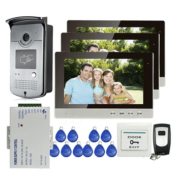 

Free Shipping New 10" Color Screen Video Door Phone Intercom 3 Monitors + Outdoor RFID Reader Doorbell Camera + Power + Remote