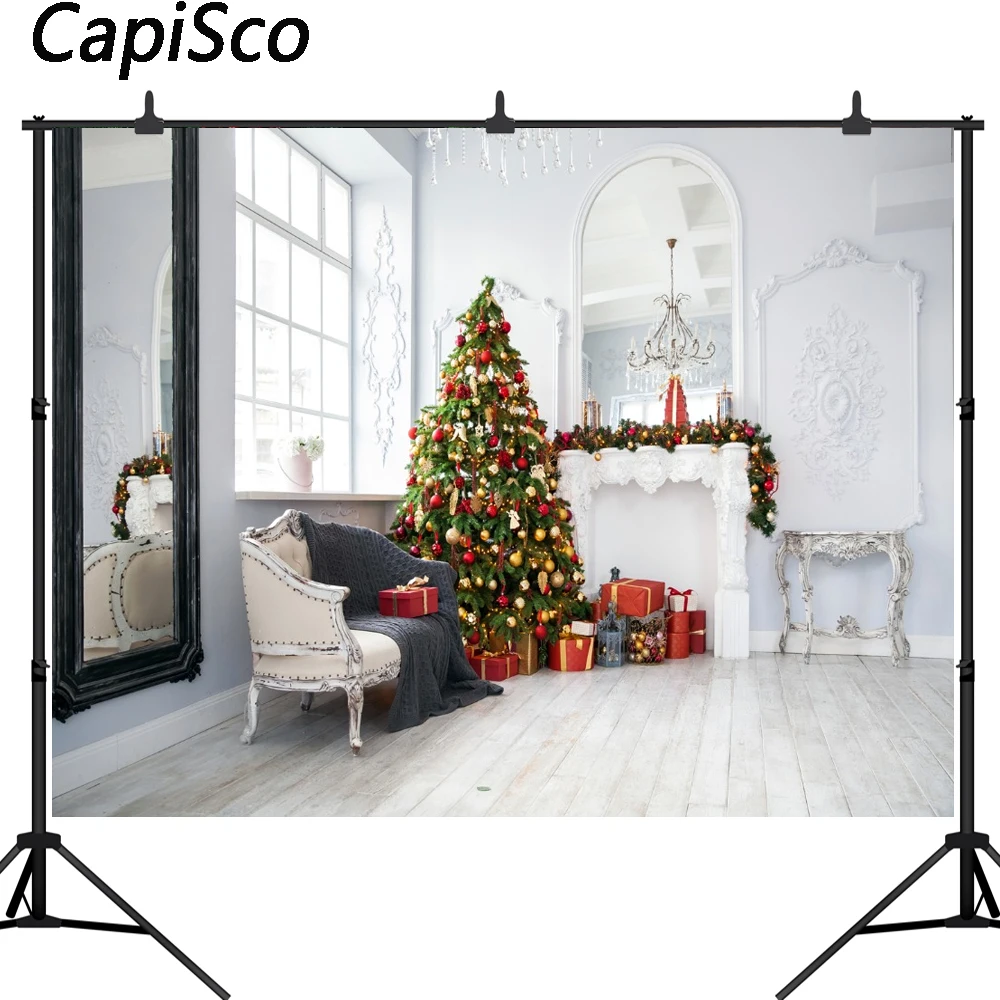 

Capisco photography backdrop christmas tree luxury room fireplace damask background photocall photo shoot props decor