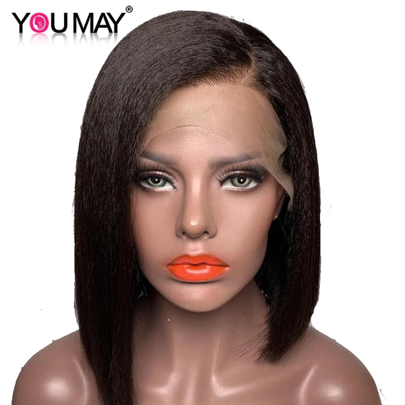  150% Yaki Straight Short Bob Wigs For Women 13x4 Brazilian Yaki Lace Front Human Hair Wigs Bob Pre 