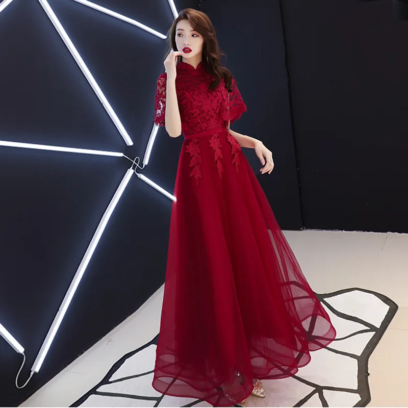

Classic Toast Clothing Burgundy Appliques Lace Women Formal Party Dress Elegant A Line Evening Gowns Chinese Bride Dresses