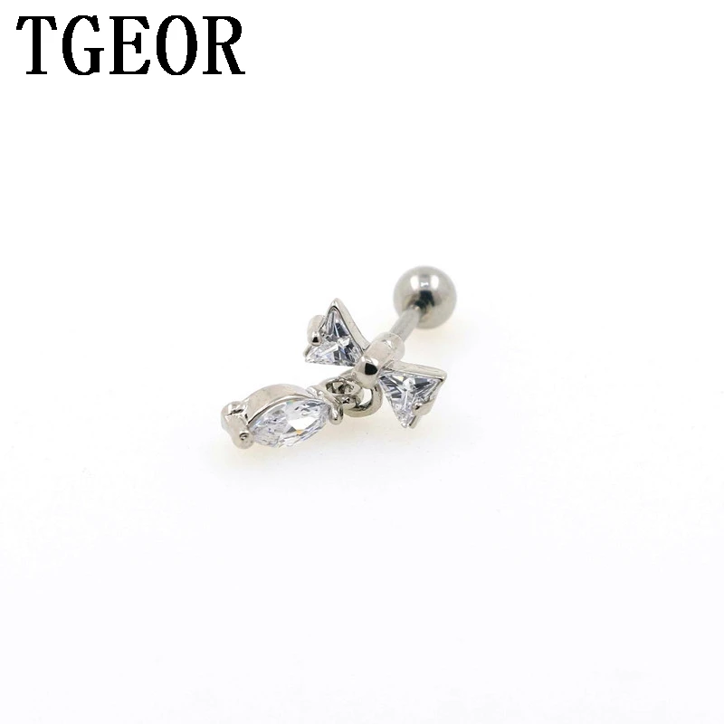 

free shipping Hot Charm 20pcs 16G surgical Stainless Steel bow-knot drop gem Cubic CZ Zircons ear tragus piercing earring