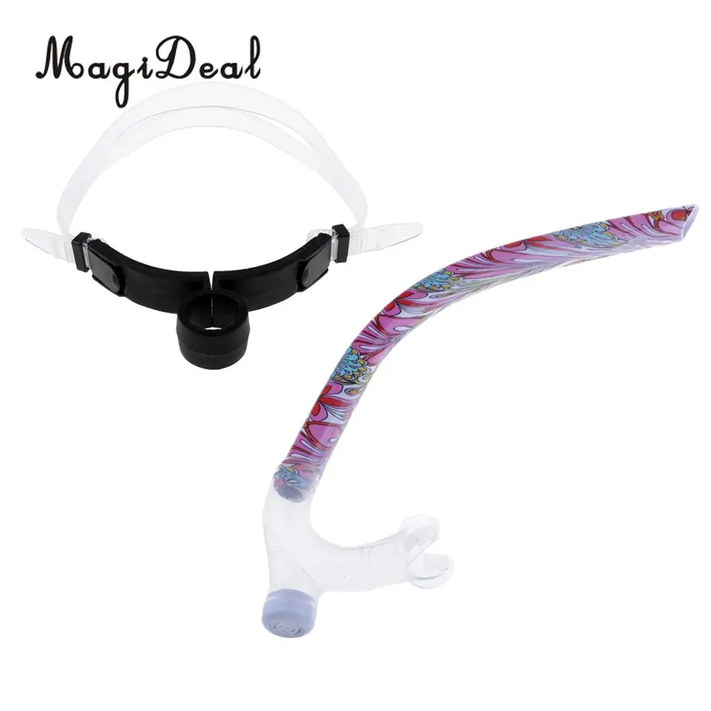 Front Snorkel for Swimmers Training - Center Mount Easy Breath Silicone Mouthpiece Swim Snorkel Tube With Adjustable Head Strap