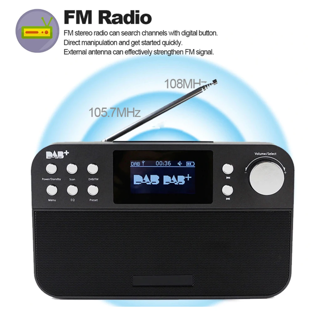 

Professional Portable 2.4 Inch Digital Radio Music Speaker Support FM + DAB Radio With LCD Digital Clock Snooze Alarm Function