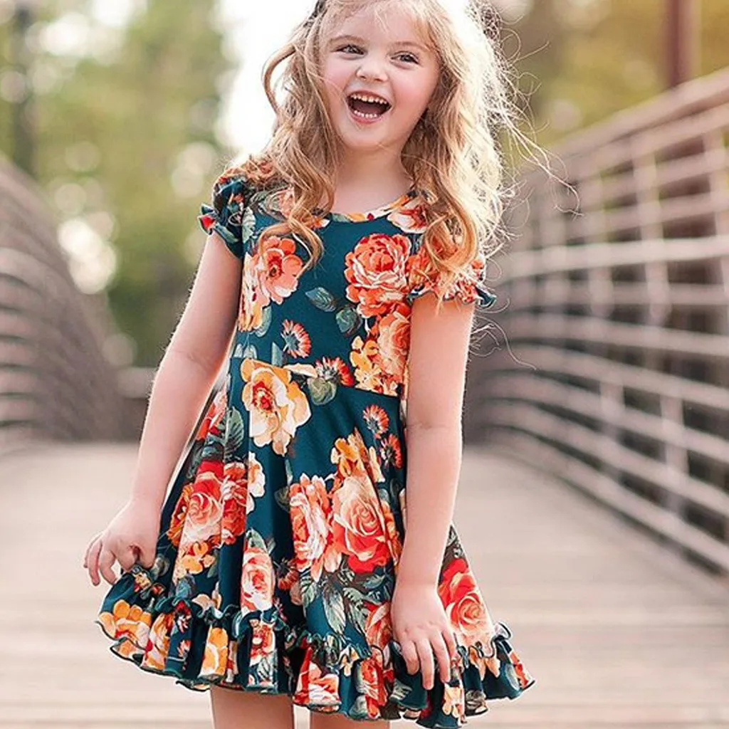 Toddler Baby Kids Girls Ruched Ruffles Floral Flowers Princess Dresses Clothes Summer Dresses