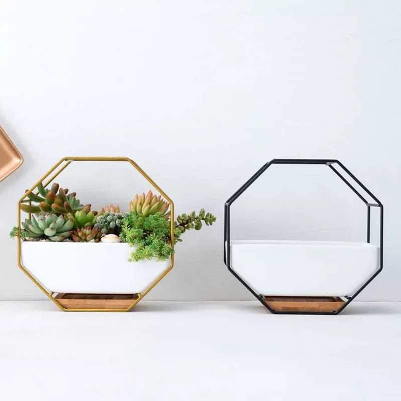 Minimalist Octagonal Geometric Wall Hanging Table Succulents Ceramic Flower Pot Bamboo Tray Iron Frame Set Crafts Gifts Black