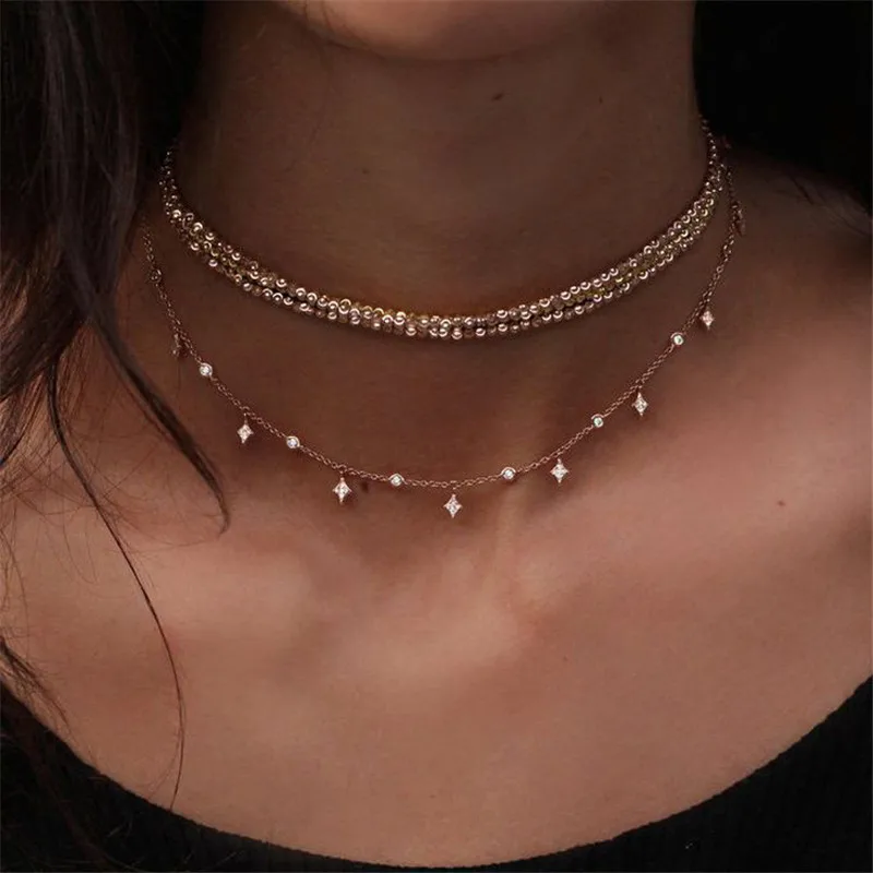 

Boho Gold Color Bead Chain Choker Necklace Women Imitation Pearl Star Crystal Pendant Necklace Statement Collier Chocker