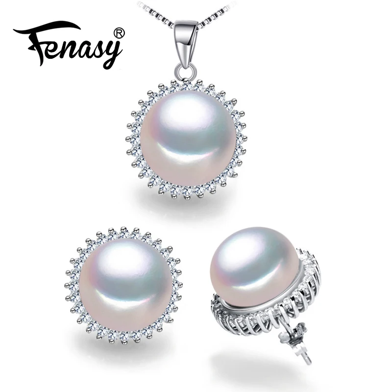 

FENASY New Fashion Natural Pearl Jewelry Sets 925 Sterling Silver Ring Flower Shape Pendant Necklace For Women Stud Earrings