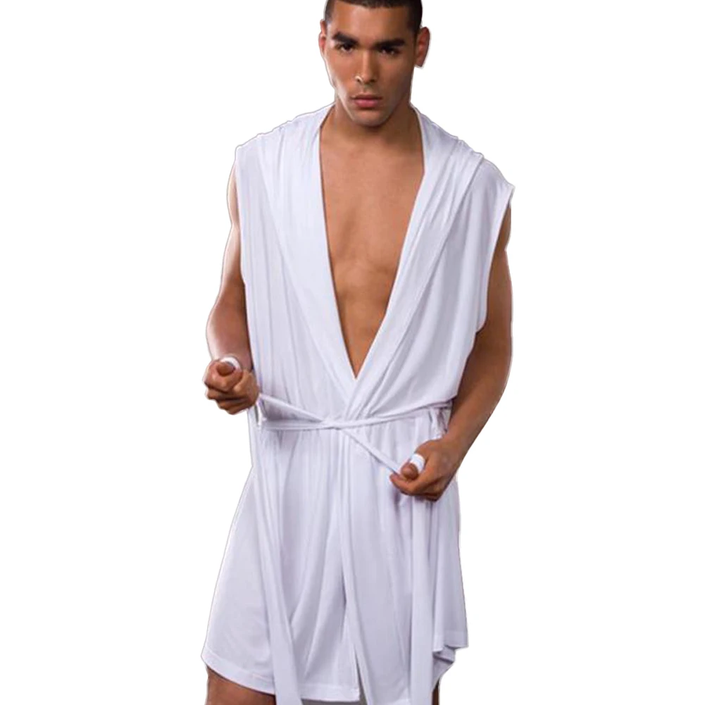 Летний банный халат мужские сексуальные пижамы без рукавов шелковые пижамы мужские купальные пижамы с капюшоном халат