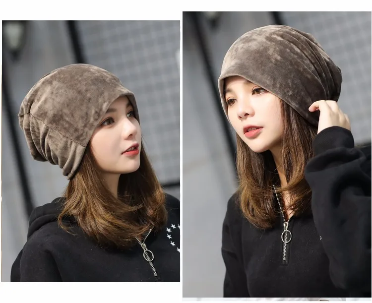 Новые повседневные зимние Бархатные Теплые сутулящиеся шапки в стиле хип-хоп для женщин, однотонные мешковатые шапки бини, женская шапка