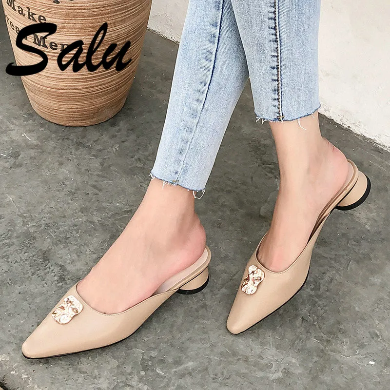 

Salu 20190 Fashion Solid Colors Pointed Toe Women Sandals Wedding Slip on Shallow Genuine Leather Sandals Single Shoes Woman