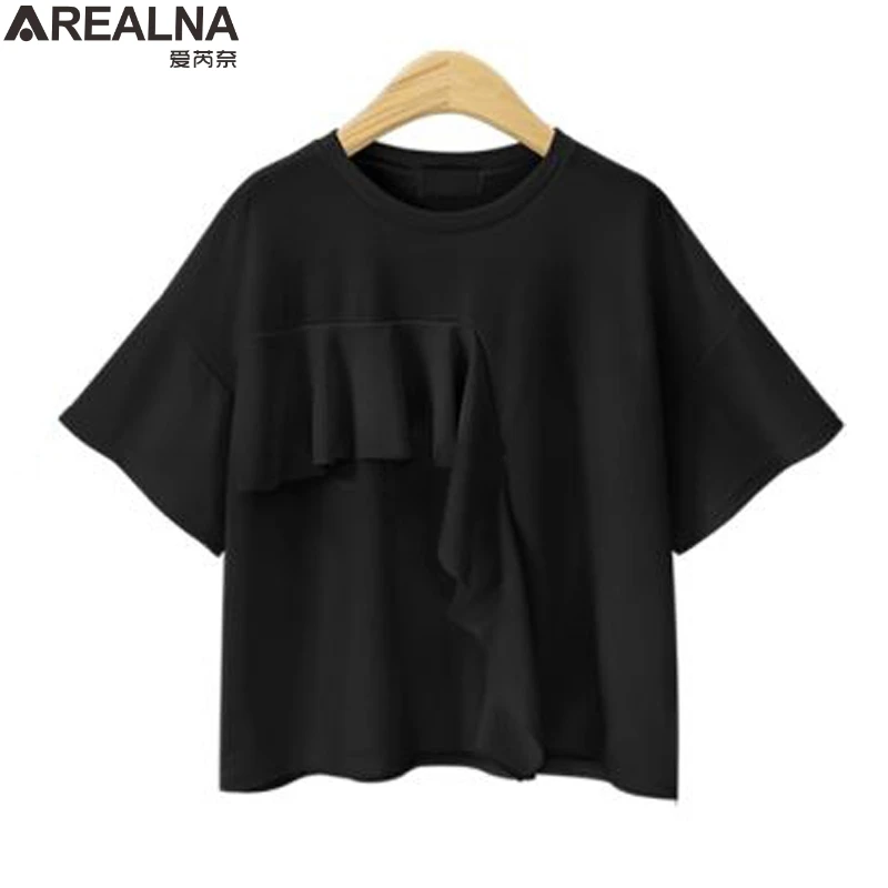 2018 verano casual blanco negro amarillo algodón t-shirt mujeres tops Ruffles Patchwork camiseta Mujer Plus Size 4XL camisetas mujer 2018 verano casual blanco negro amarillo algodón t-shirt mujeres tops Ruffles Patchwork camiseta Mujer Plus Size 4XL camisetas mujer