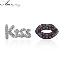 Anenjery 925 пробы серебряные Асимметричные CZ Циркон буквы серьги-гвоздики для губ pendientes boucles d'oreuilles pour les femmes