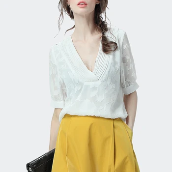 

2019 Summer Women Shirts Short Sleeve Plus Size Chiffon Blouse Transparent Sexy Deep V Neck Ladies Office Tops Women Clothes