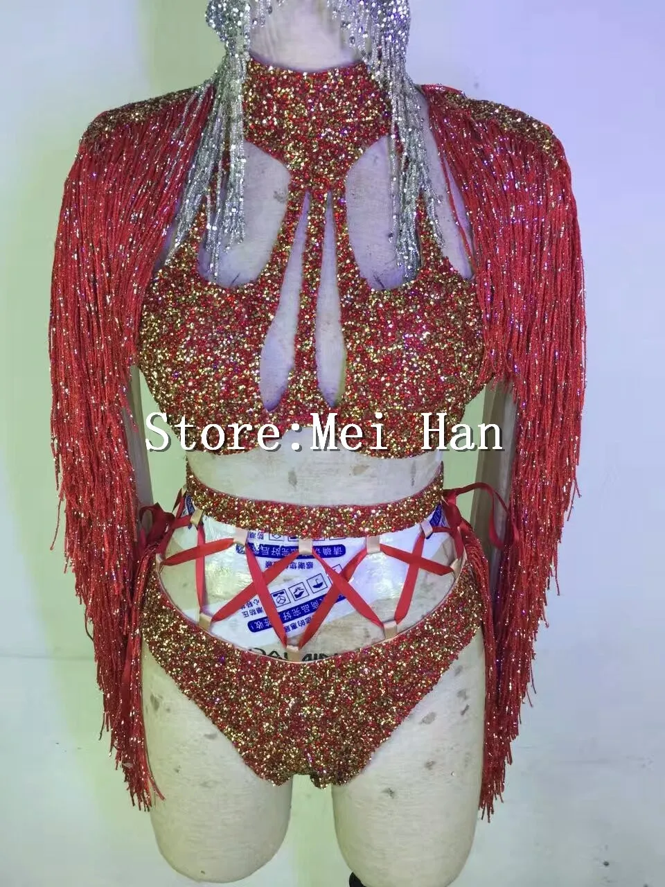 

Super Flash Rhinestones Tassel Split Set Stage Wear Dj Ds Bar Nightclub Female Singer Sexy Atmosphere Costume