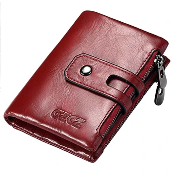 

Gzcz Genuine Leather Women Short Style Wallet New Design Vintage Purse Hasp Walet Zipper Purses Card Holder(Red)