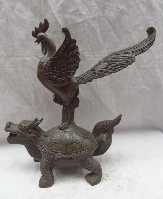 

song voge gem S5205 12" Chinese Bronze Animals Fly Phpenix Peacock On Dragon Turtle Statue Sculpture