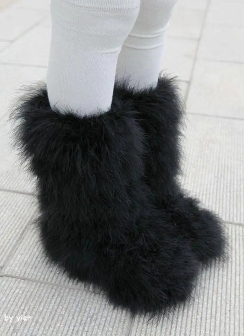 ANOVISHANA/зимние женские теплые ботинки из натуральной кожи; теплые плюшевые женские ботинки на плоской подошве с мехом страуса; botte femme - Цвет: Black
