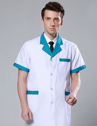 Бренд LEHNO Мужская медицинская одежда белое пальто летние с коротким рукавом мужская униформа медсестры лабораторная Рабочая одежда - Цвет: White with blue 2