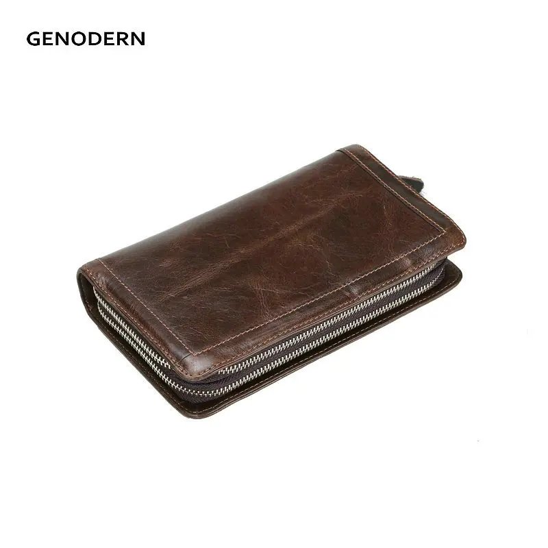 

GENODERN Genuine Leather Clutch Wallet Cow Leather Clutch Wallets for Men Double Zipper Male Purse Long Wallet Male Clutch