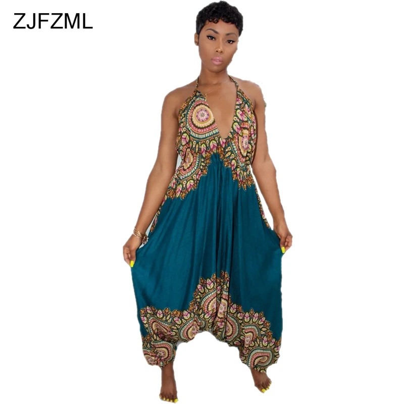 ZJFZML African Ethnic Sexy Rompers Womens Jumpsuit Summer V Neck Sleeveless Overalls Casual Loose Backless Print Harem Jumpsuit