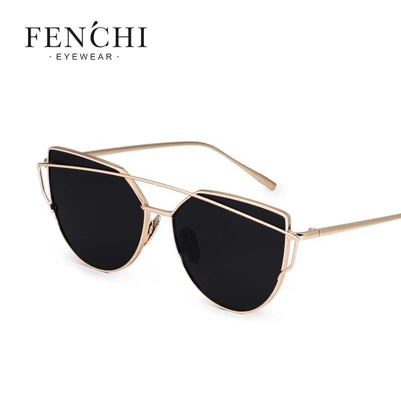 FENCHI Винтажные Солнцезащитные очки с кошачьим глазом женские брендовые дизайнерские двухлучевые оттенки женские негабаритные зеркальное покрытие с плоским верхом UV400 - Цвет линз: gray
