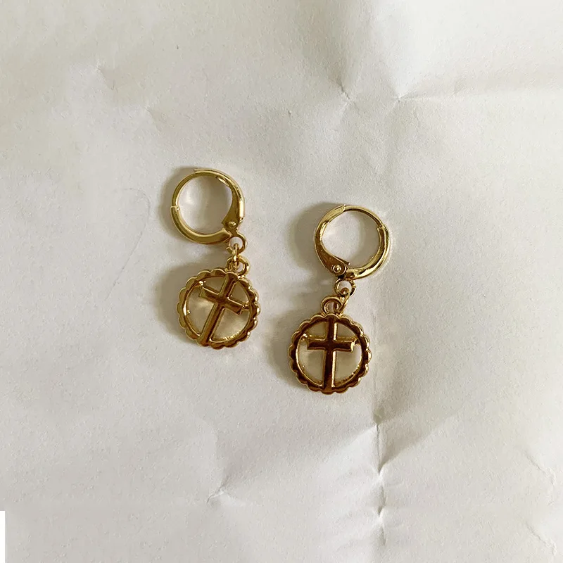

WTLTC Hollow Circle Cross Hoop Earrings for Women Small Drop Round Ear Piercing Earring Mini Huggies Earrings Minimal Jewelry