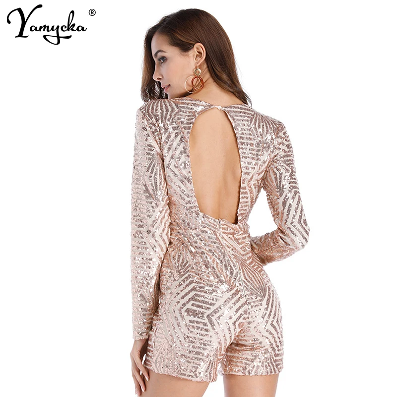 2019 New Summer Deep V Neck Long Sleeve Rompers Women Sequin Jumpsuit Sexy Short Club Party Bodycon Jumpsuits Playsuit