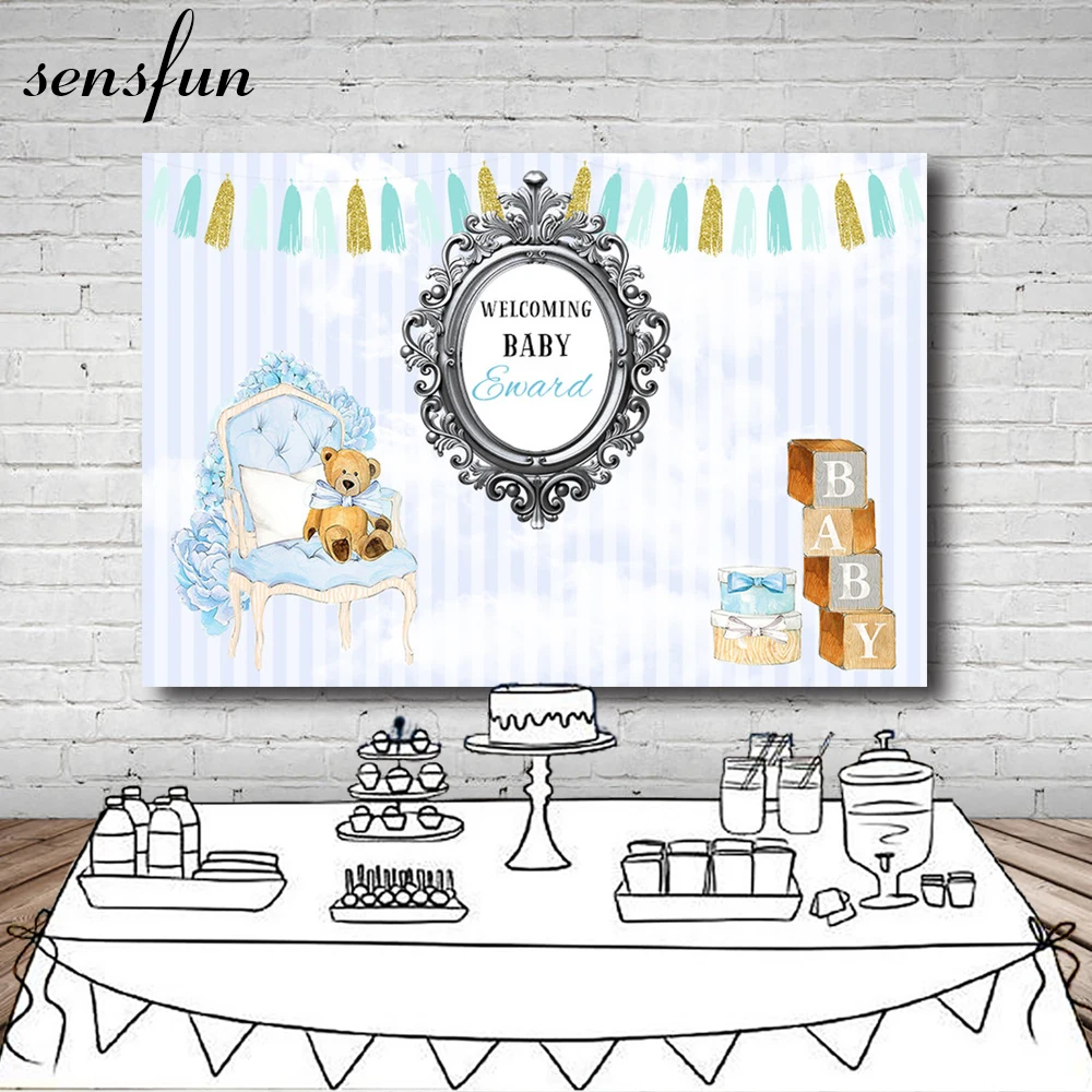 Sensfun Baby Shower фон для фотостудии светло-розовый белый в полоску медведь стул подарок День рождения Фоны винил