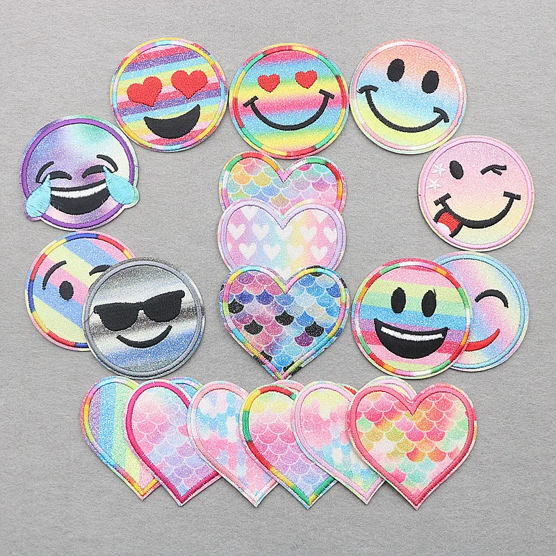 

PGY Shinely Embroidery Emoji Patches Colorful Smile Face Iron On Patches Rainbow Heart Applique DIY Clothes Accessory Stickers
