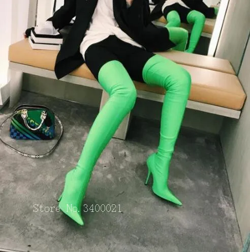 

2018 New Arrival Stretch Fabric Slim Sock Women Boots Thin High Heels Silk over Knee High Shoes Woman Colorful Sexy Party