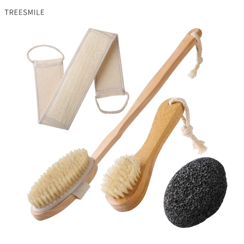 TREESMILE Wooden Bath brush Long Handle Wooden Back Massage Bath Brush