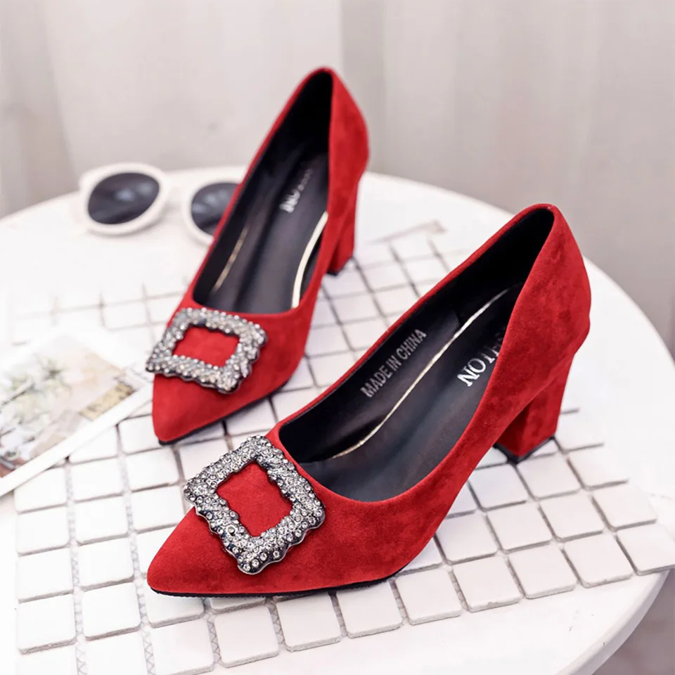 

Spring Autumn Shallow Thick Heels Women Shoes Flock Rhinestone High Heels Metal Buckle Pointed Toe Female Shoes Pumps
