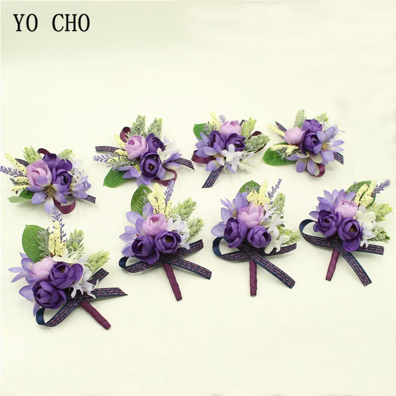 

YO CHO Elegant Romantic Purple Wedding Bridal Bridesmaid Wrist Corsage Flowers Bestman Boutonniere Pin Brooch For Wedding Party