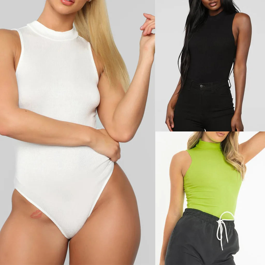 

Fashion womens body suits Solid Sleeveless Turtleneck Sexy Top Jumpsuit Leotard Tight Romper combishort femme#BY25