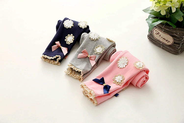 2018 Summer Kids Children Cotton Pink Gray Navy Blue Full Length Capri With Bow Flower Foral Lace Baby Girl Leggings Children (14)