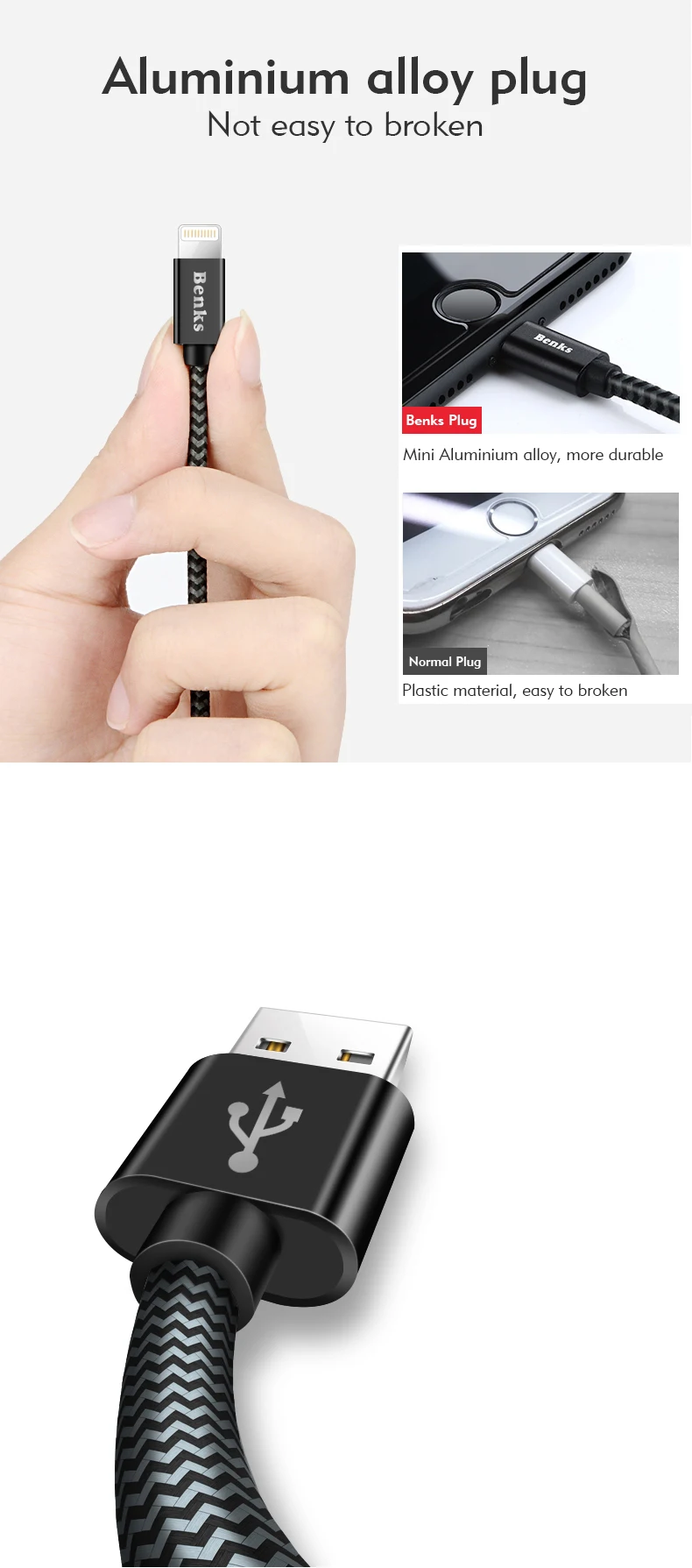 Benks Nylon Lighting Charge Cable 8 Pin For Apple iPhone X 10 8 7 6s Plus IPad IOS 9 10 2.4A Fast Charging Cables 0.251.21 (6)