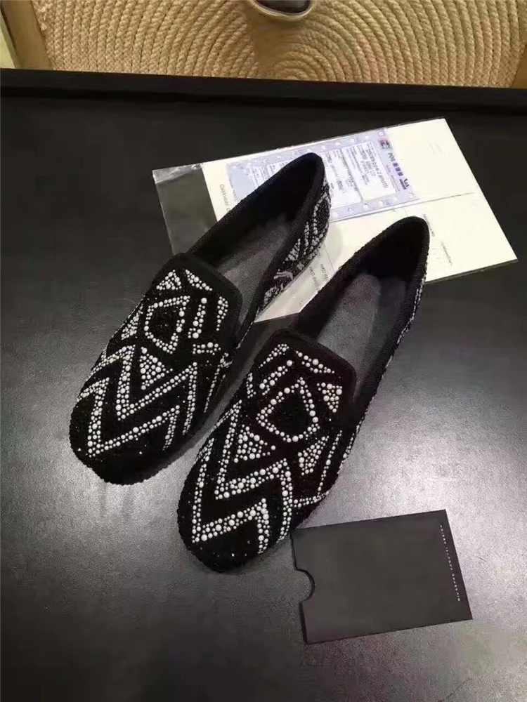 black flat shoes with rhinestones