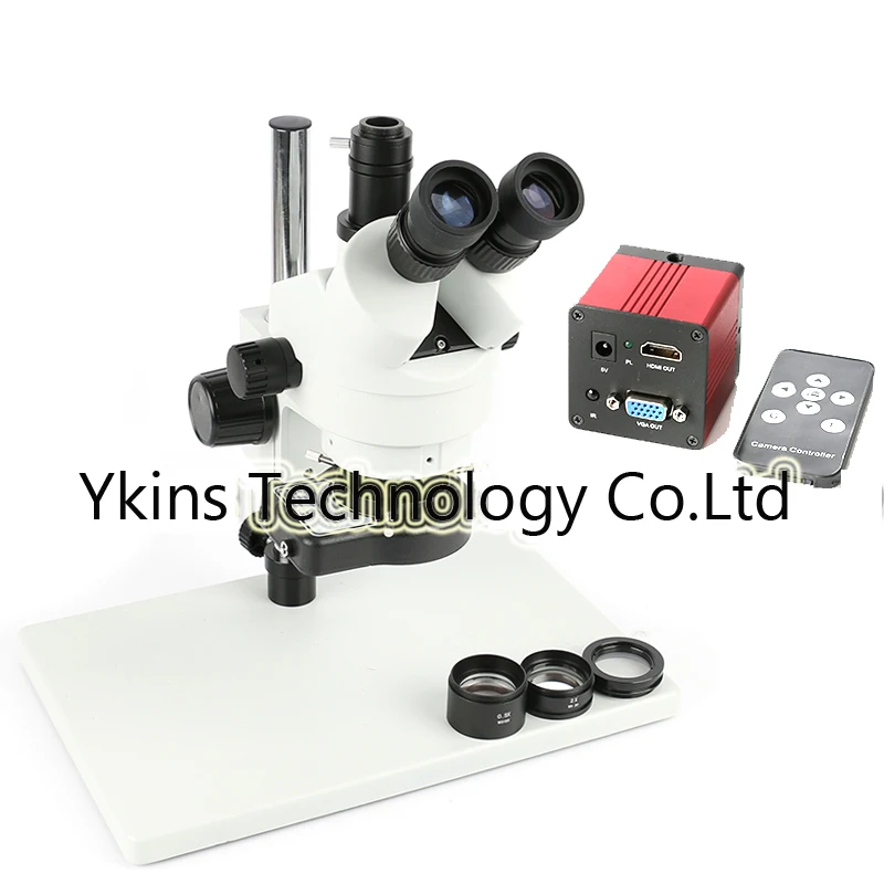

Trinocular Stereo Microscope 7X-45X Continuous Zoom + HD 1080P Camera VGA HDMI + 0.5 / 2X Objective + Stand + 144 Lamp