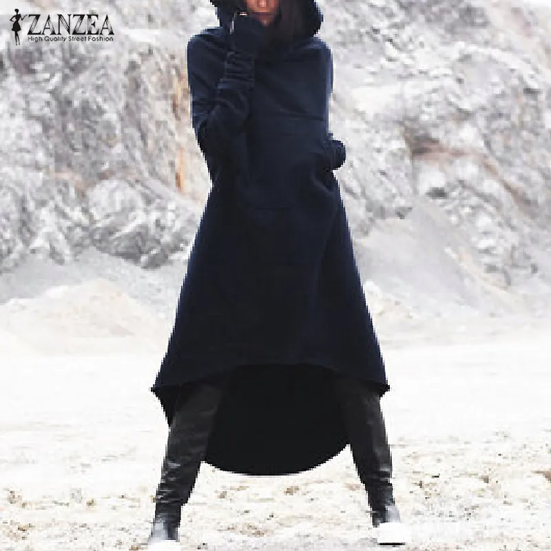 ZANZEA, женское платье-свитер, осенние толстовки, одноцветные, длинный рукав, флис, ассиметричный, Vestido, Зимний пуловер с капюшоном размера плюс
