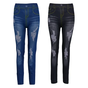 

Women High Waist Faux Denim Stretch Pencil Pants Jeans Leggings Blue/Black