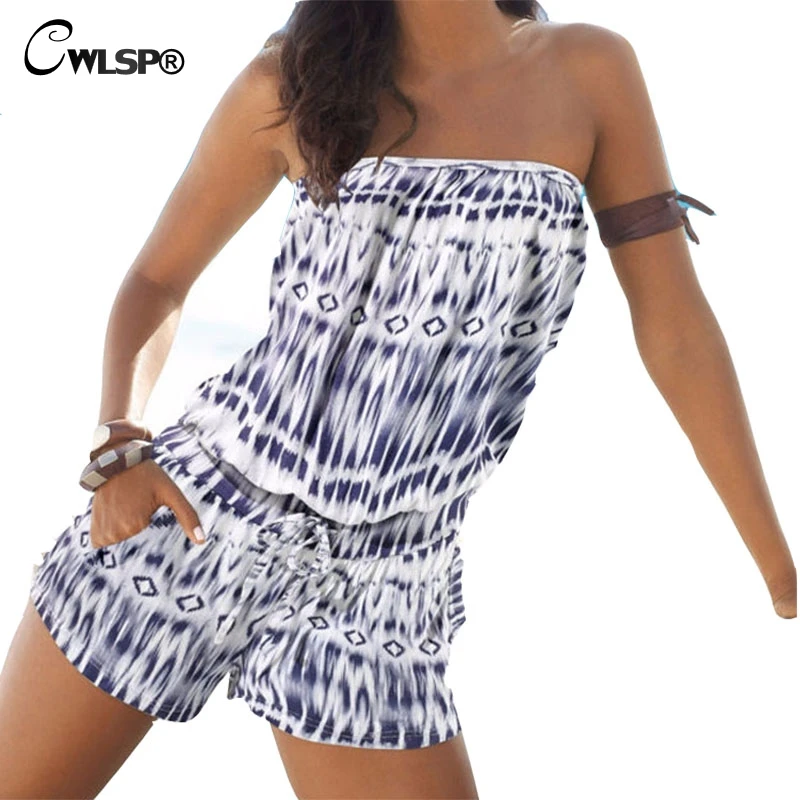 CWLSP البوهيمي الشاطئ Playsuit 2019 الصيف رومبير النساء فضفاض التعادل صبغ بذلة طباعة مثير حمالة ارتداءها Combinaison فام