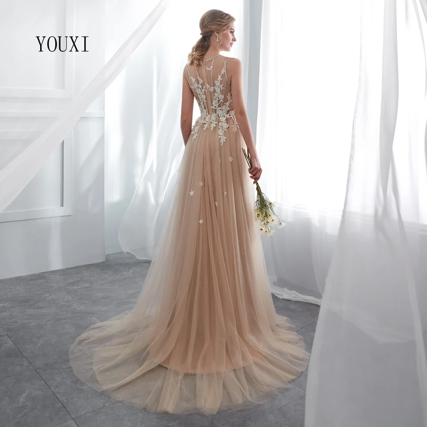 Champagne Prom Dresses YOUXI O-Neck Sexy Sheer Neck Lace Applique A-Line Sleeveless Sweep Train Long Party Evening Gowns