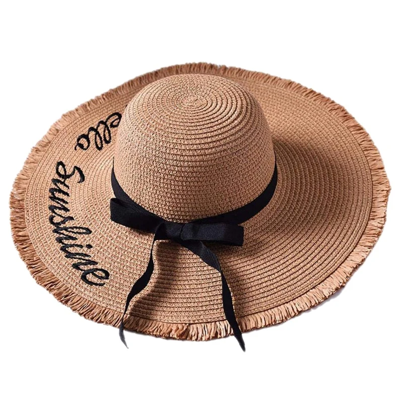 

NEW-Handmade Weave Letter Sun Hats Large Brim Straw Hat Outdoor Beach Hat Summer Caps For Women Ribbon Lace Up