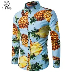 Для мужчин S Рубашки для мальчиков Новинка 2018 г. Модные с длинными рукавами с принтом ананаса футболка Для мужчин Slim Fit Рубашки для мальчиков