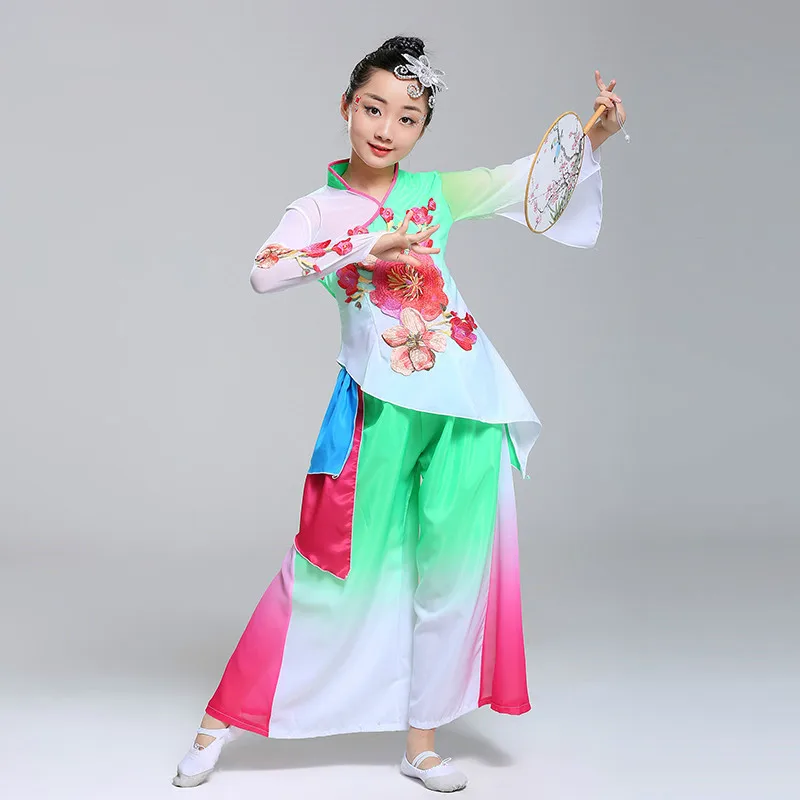 

Chinese Folk Dance Girls Fan Dancewear Traditional National Clothes Children Modern Umbrella Ancient Dance Costumes Tops + Pants